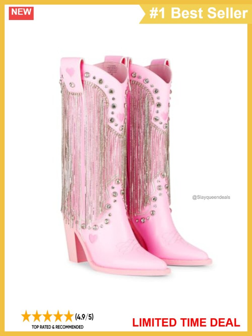 Vegan Leather Cowboy Boots Rhinestone Fringe Jewel Studs 4" Heel